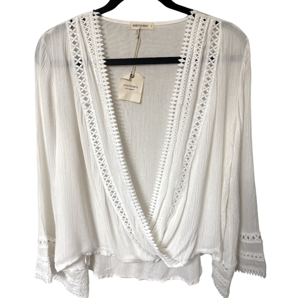 NWT Wrap Top Boho Bell Sleeve Cottagecore Romantic Cotton Cream Small